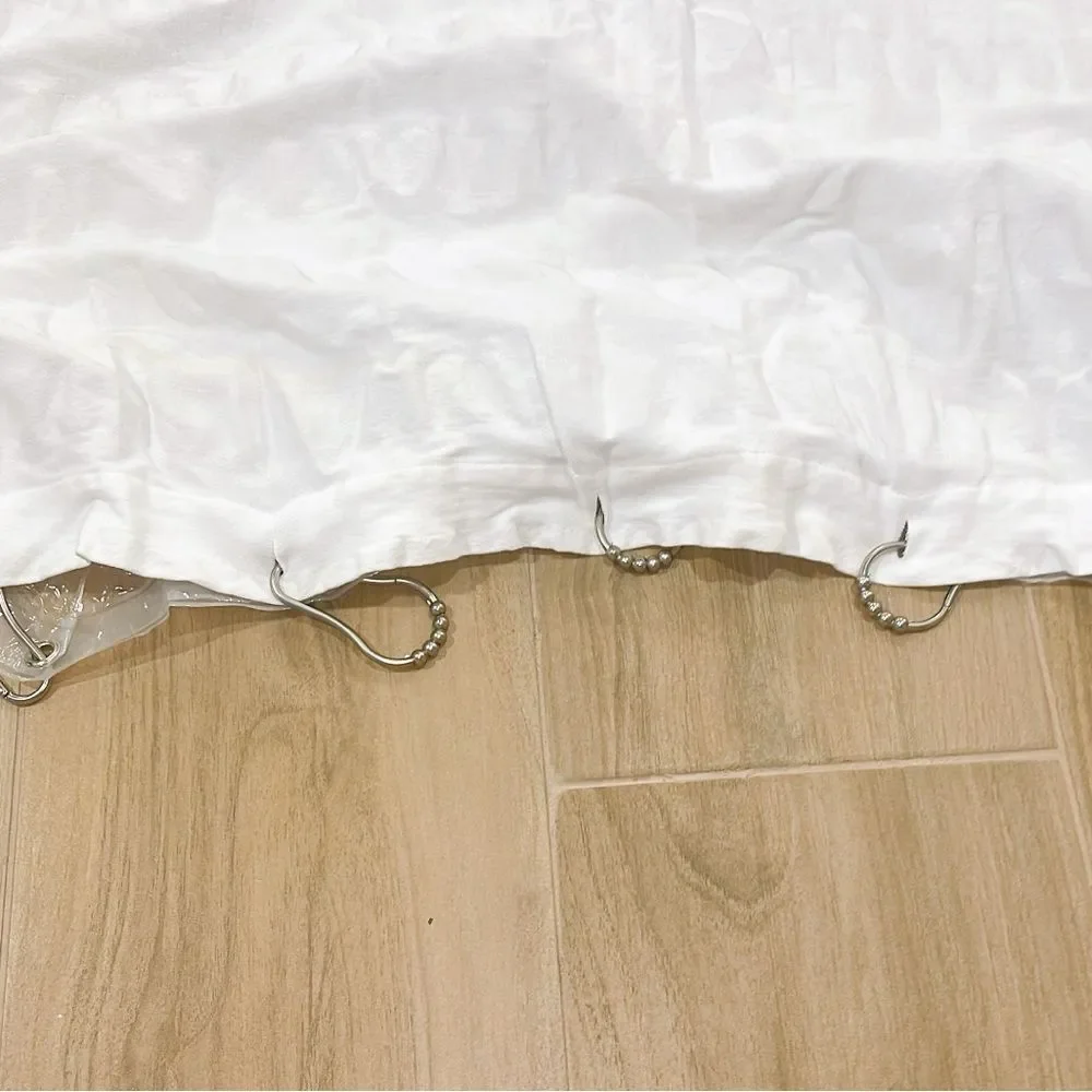 White Shower Curtain, Plastic Liner, Hooks, Bath Mat